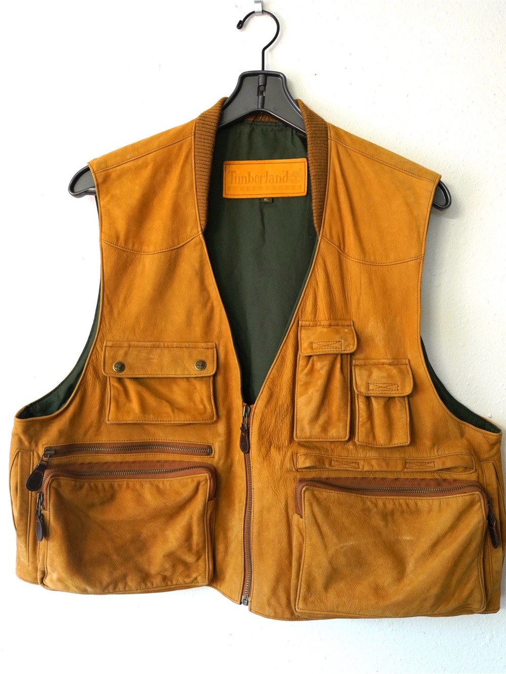 Vintage 90s Timberland XL Cowhide Leather Fishing Hunting Utility Vest Tan Mens